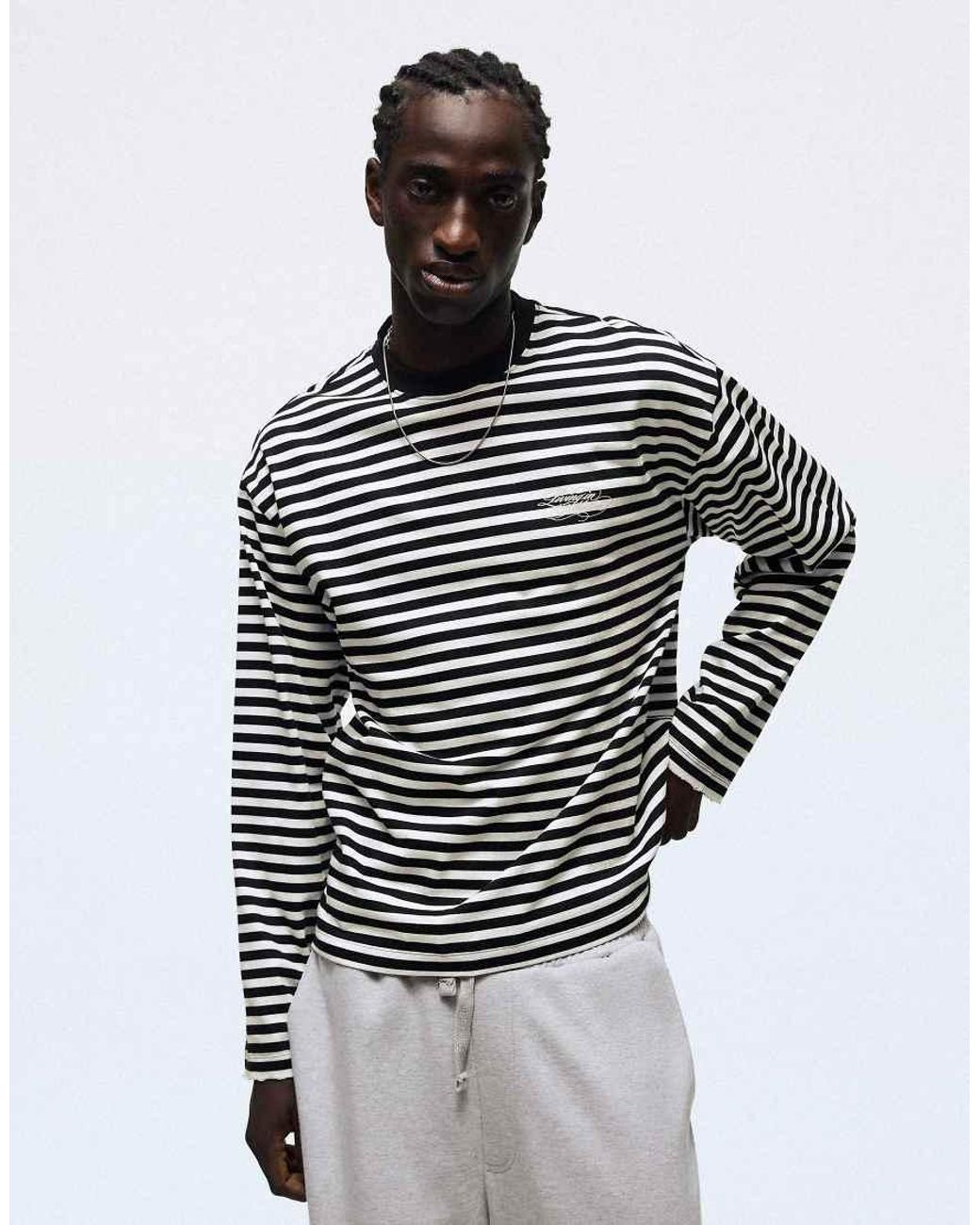 Bershka White Stripe Print Long-Sleeved T-Shirt for men