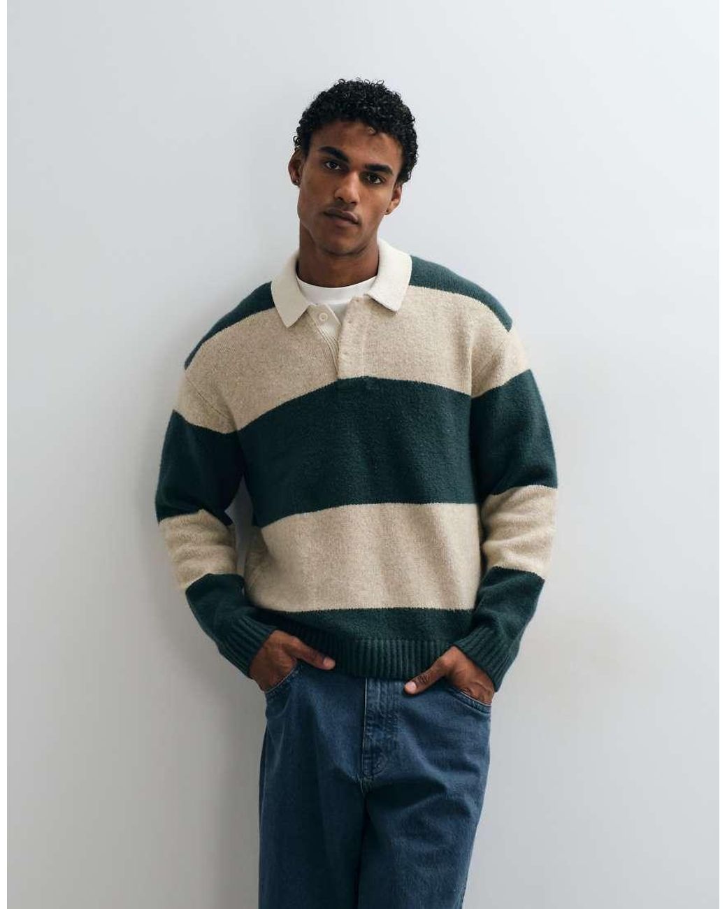 Abercrombie & Fitch Blue Knitted Long Sleeve Button Up Polo Jumper With Contrast Collar for men
