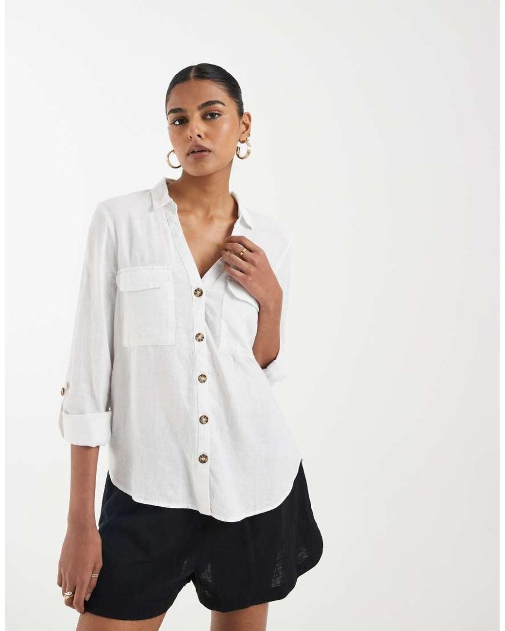 Vero Moda White Utility Style Pocketed Front Linen Blend Shirt