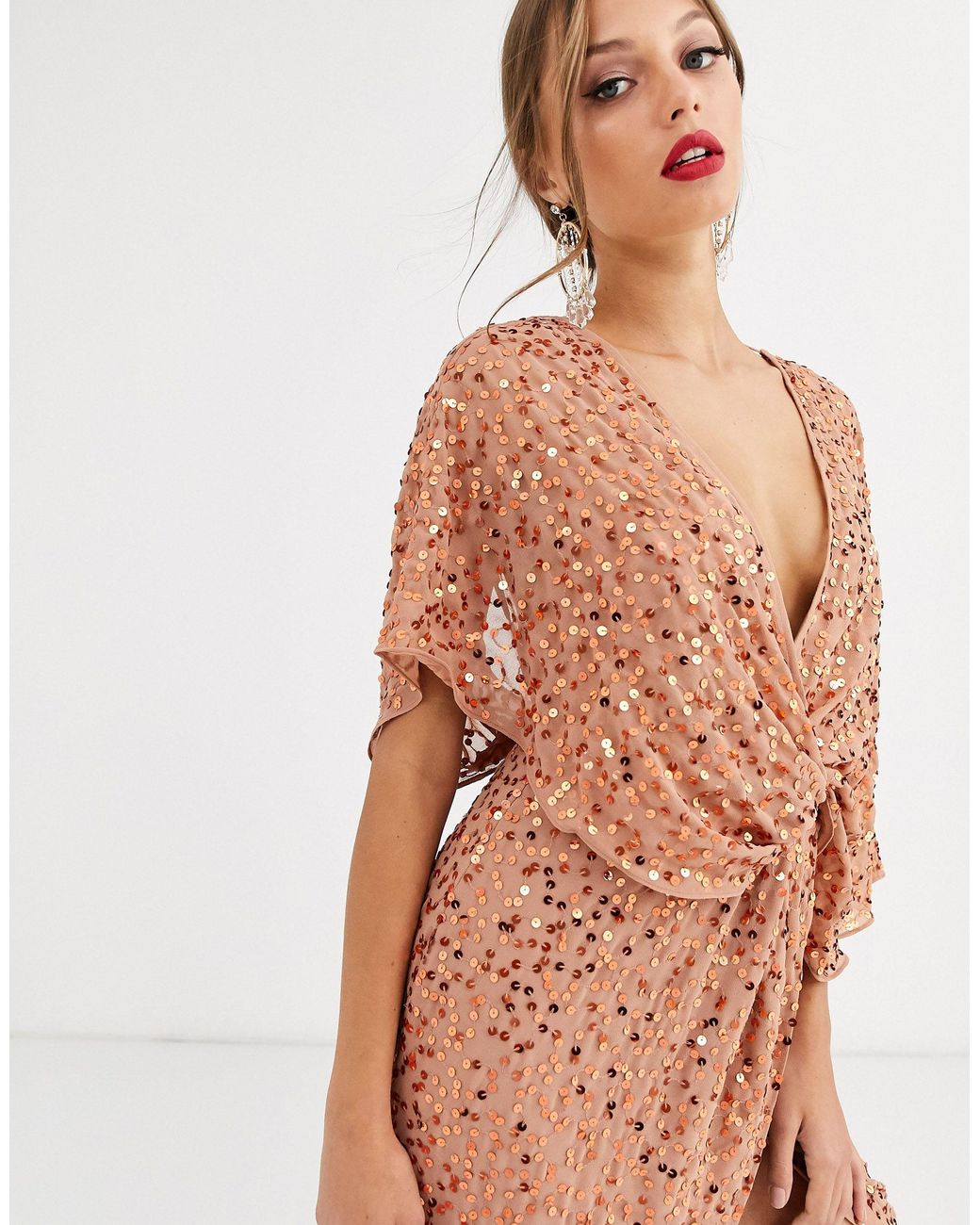 asos design scatter sequin knot front kimono maxi dress ASOS Asos Design Tall Scatter Sequin Knot Front Kimono Maxi Dress in Green