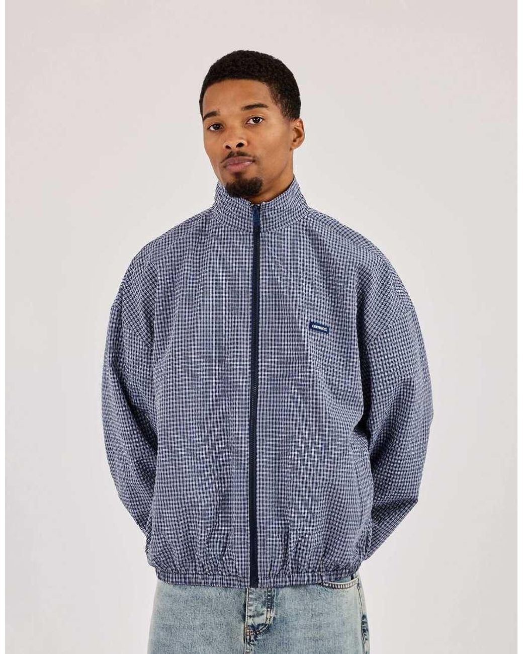 CERNUCCI Blue Check Funnel Neck Zip Jacket for men
