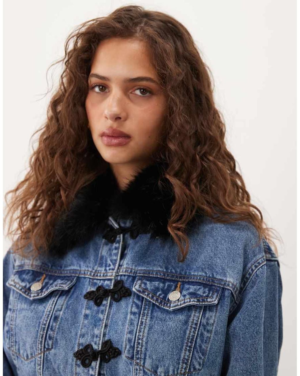 ASOS Blue Denim Jacket With Frogging Detail And Fur Collar