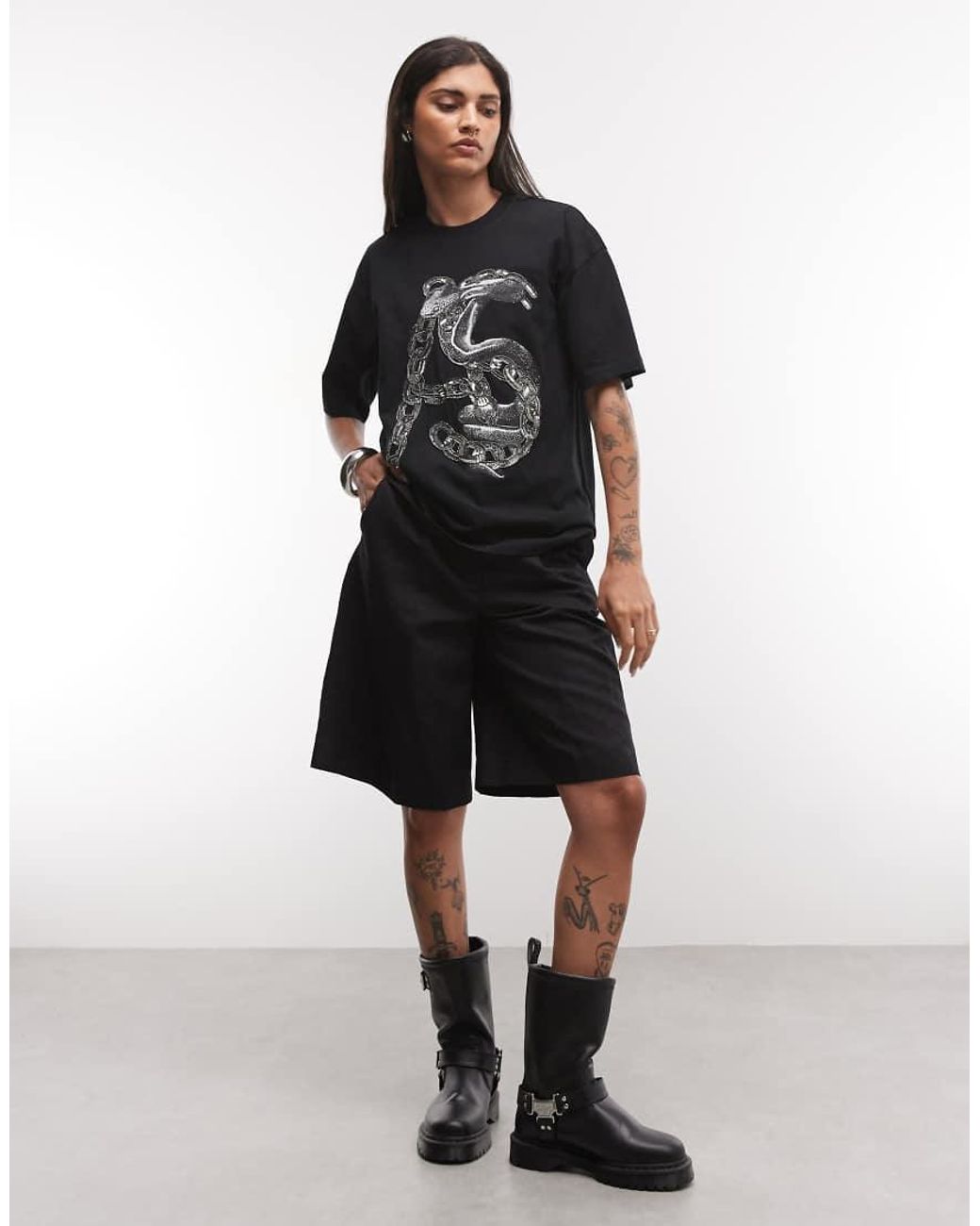 AllSaints Black Linx Etta Short Sleeve Boxy T-Shirt With Embellished Graphic Logo