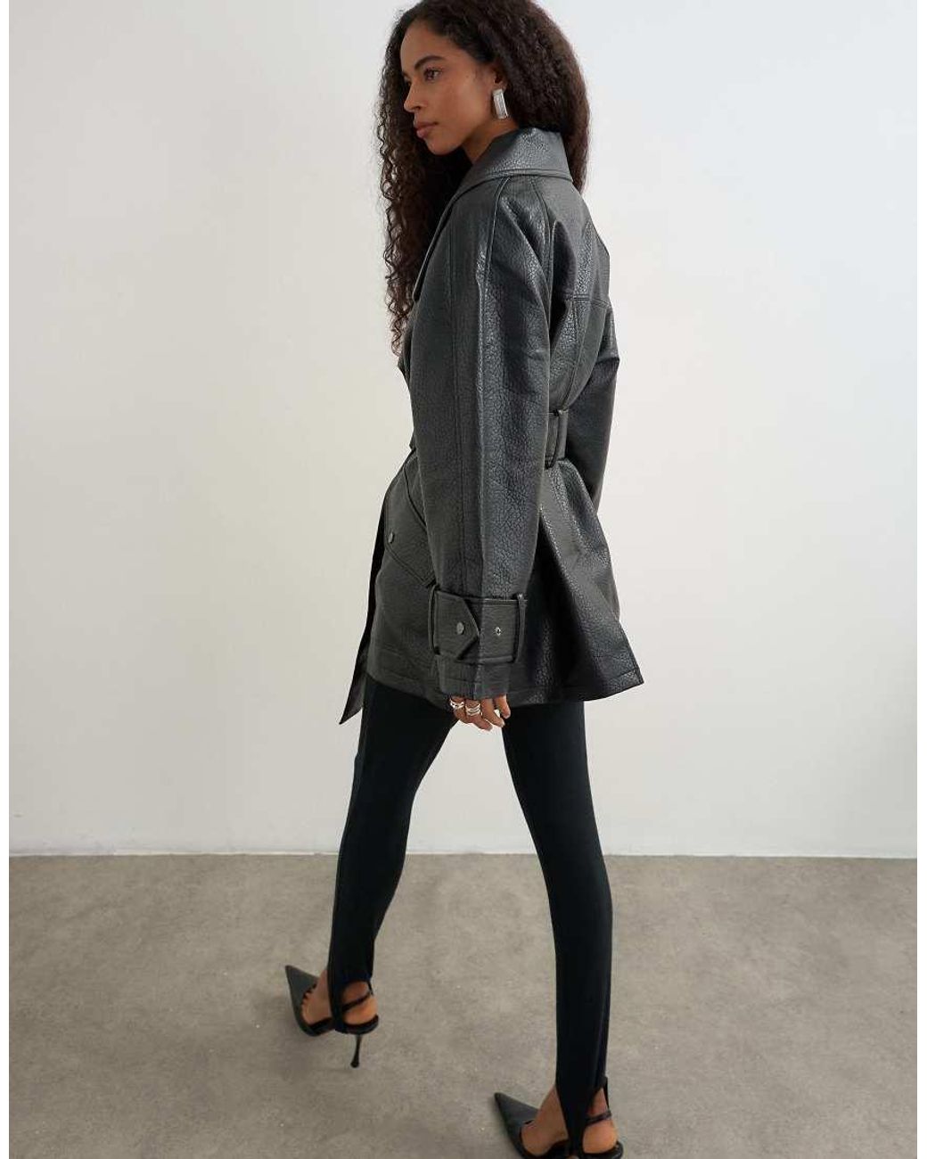 TOPSHOP Black Faux Leather Mid Length Belted Jacket