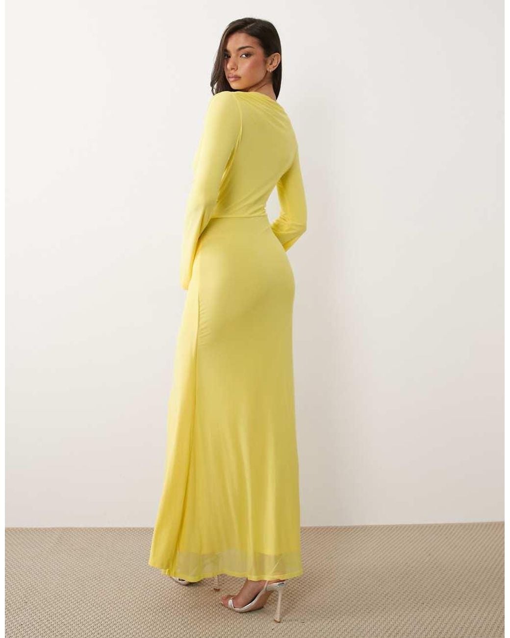 ASOS Yellow Mesh Deep Plunge Long Sleeve Maxi Dress With Twist Knot Detail