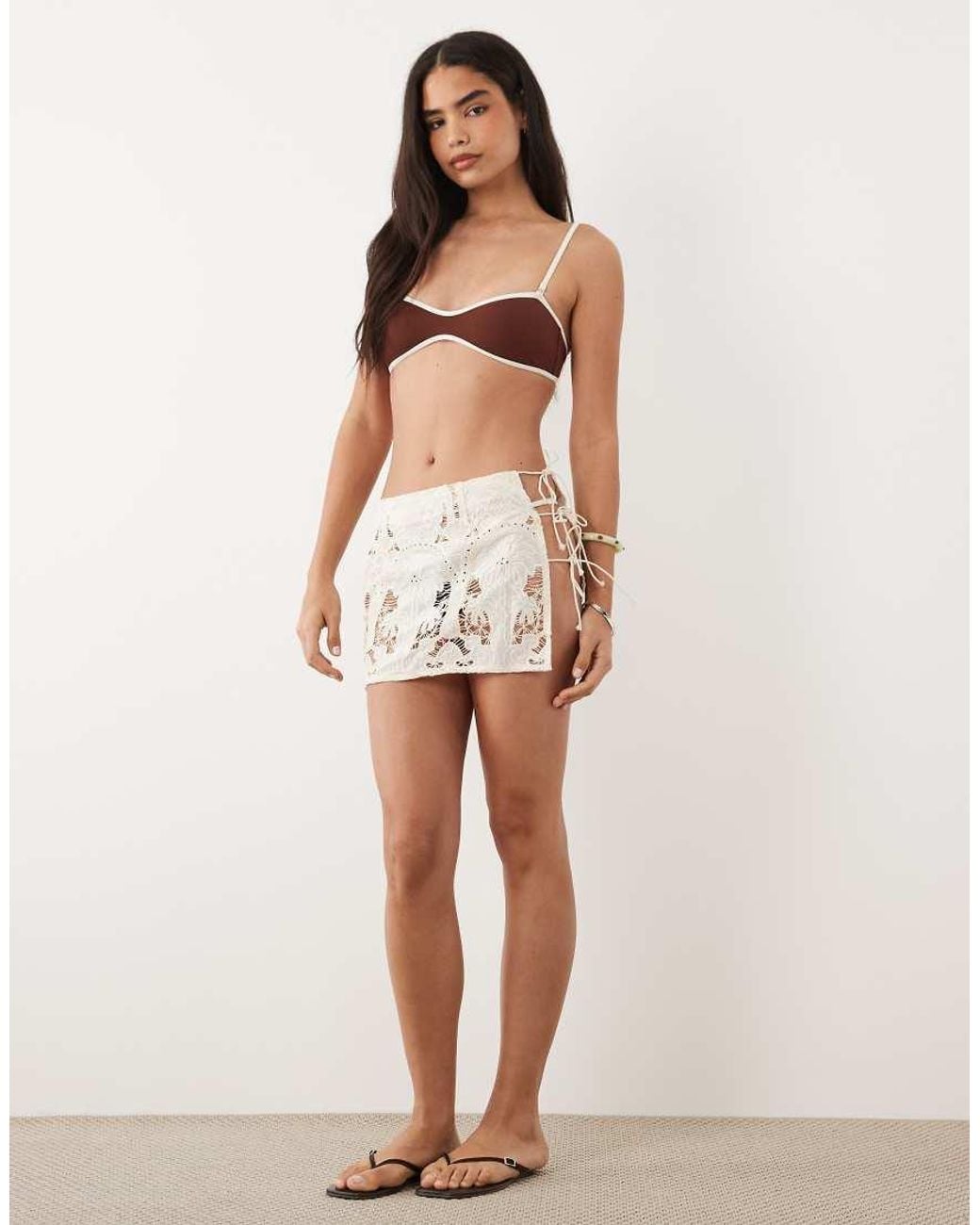 Missy Empire Brown Cotton Semi Sheer Lace Tie Side Detail Mini Skirt