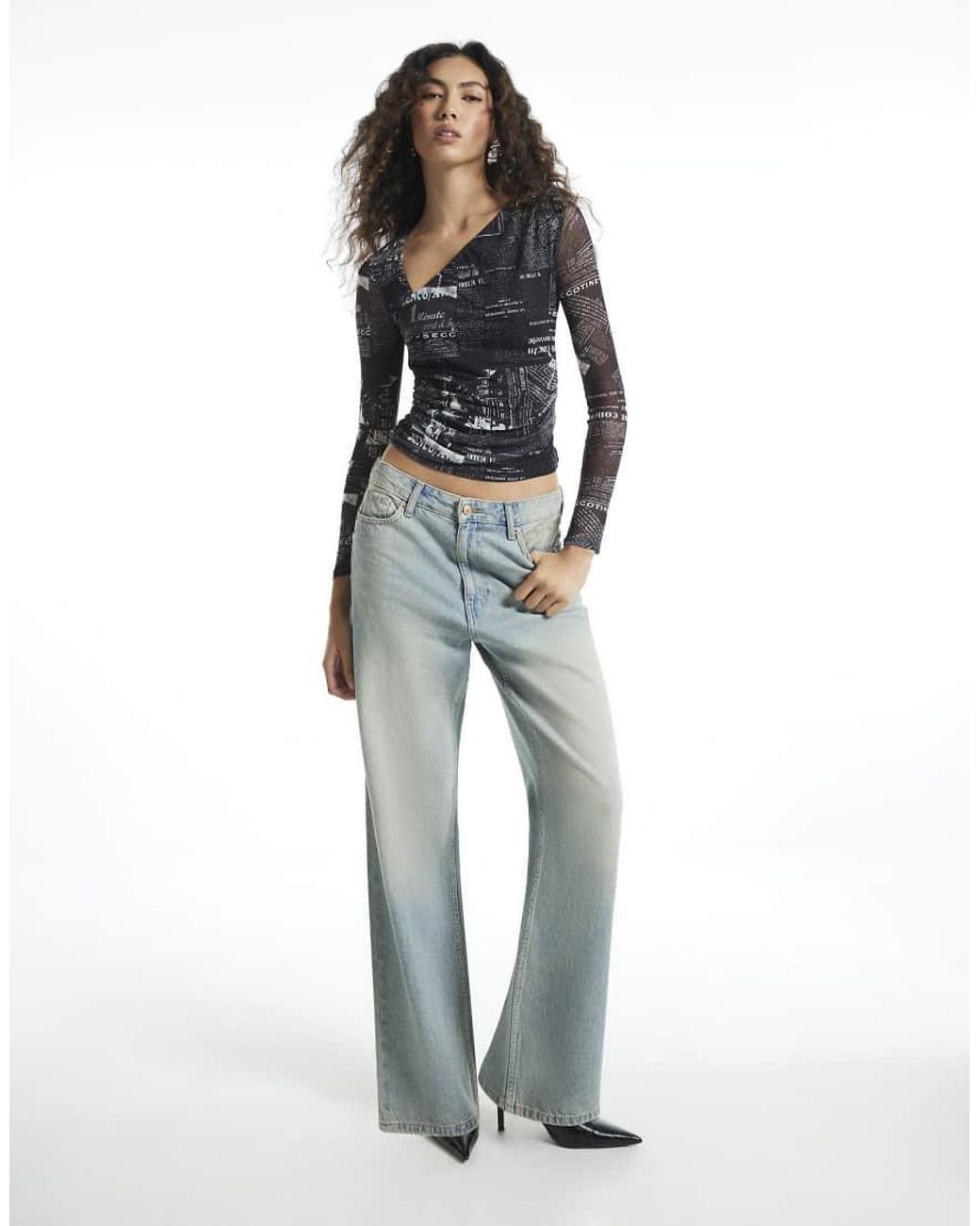 River Island Black Long Sleeve Mesh Newspaper Print Top