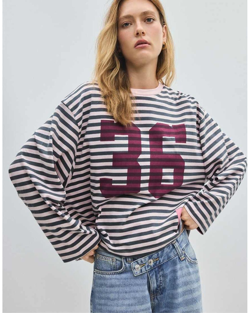 Stradivarius Blue Striped Printed Long Sleeve T-shirt