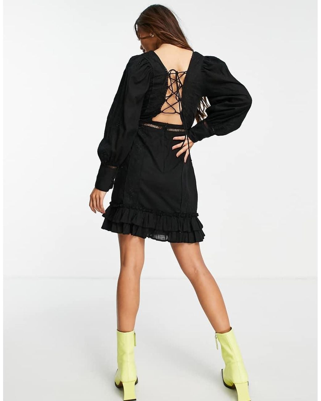 ASOS Black Embroidered Square Neck Lace Trim Mini Dress