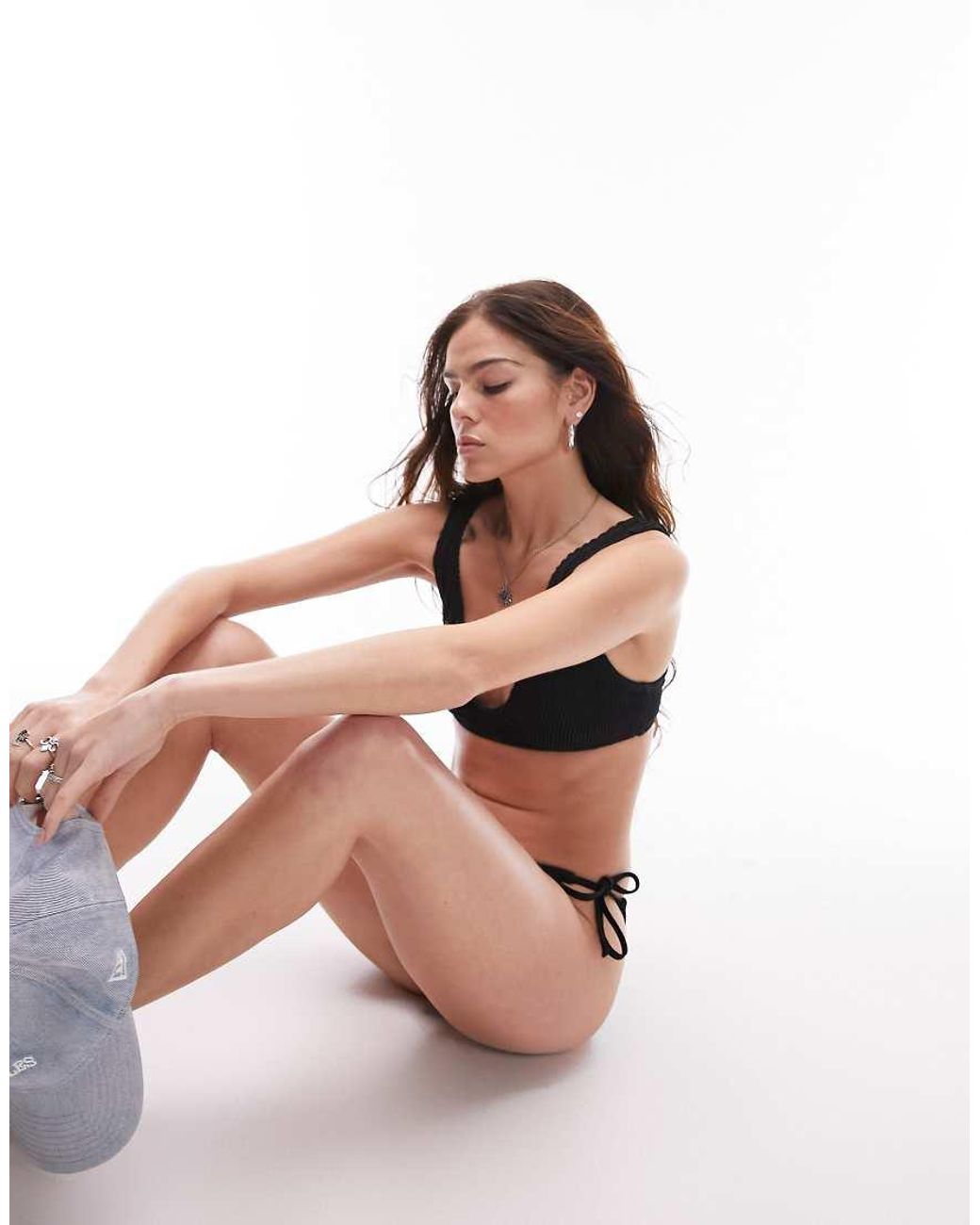 TOPSHOP Black Mix And Match Crinkle Plunge Cami Bikini Top