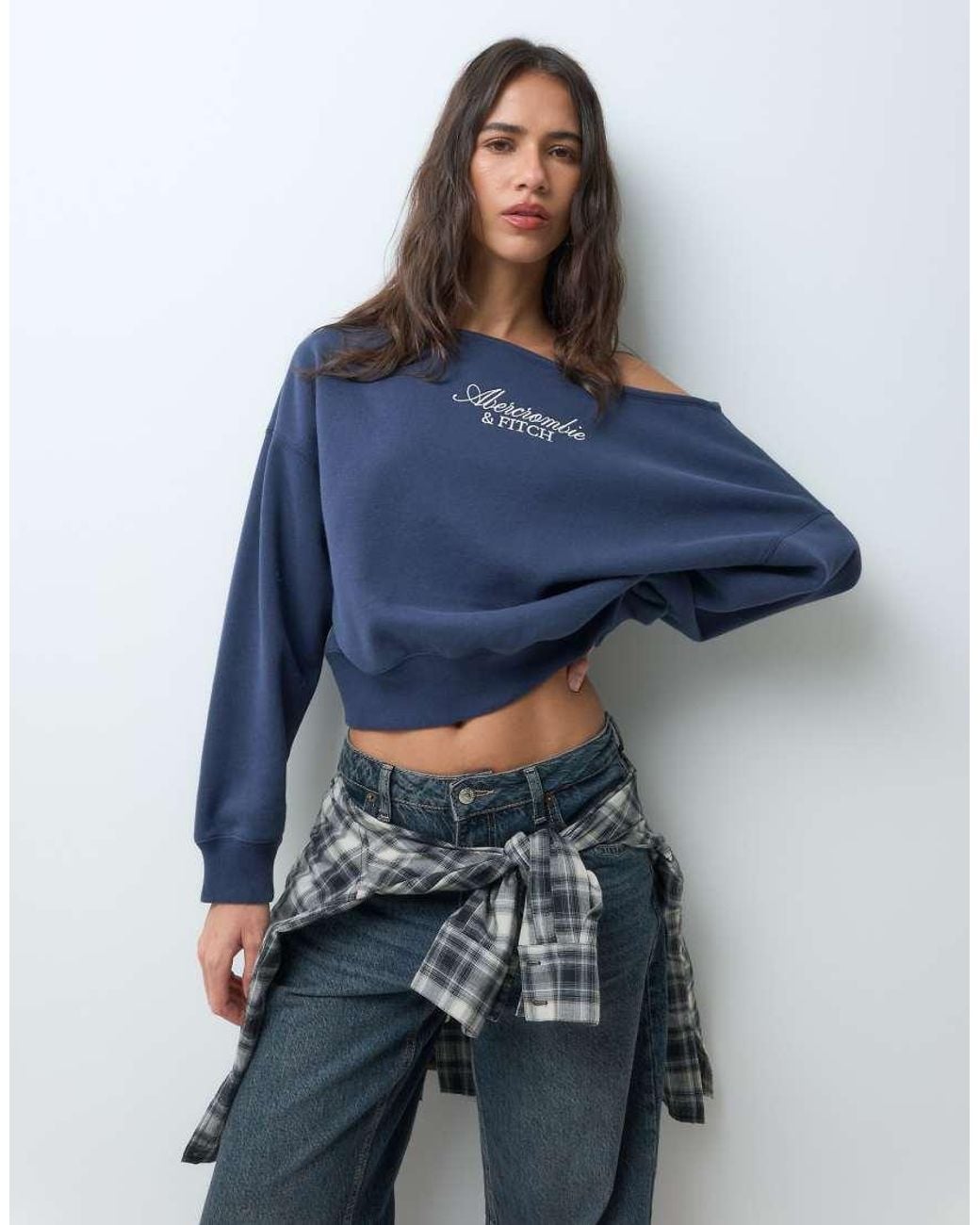 Abercrombie & Fitch Blue Front Logo Off Shoulder Sweatshirt