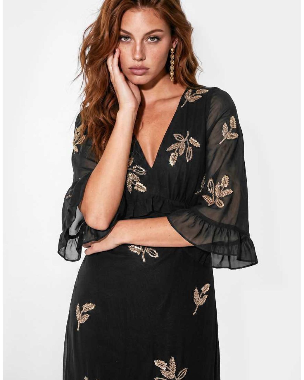 Maya Black Leaf Embellished 3/4 Bell Sleeve Maxi Dress