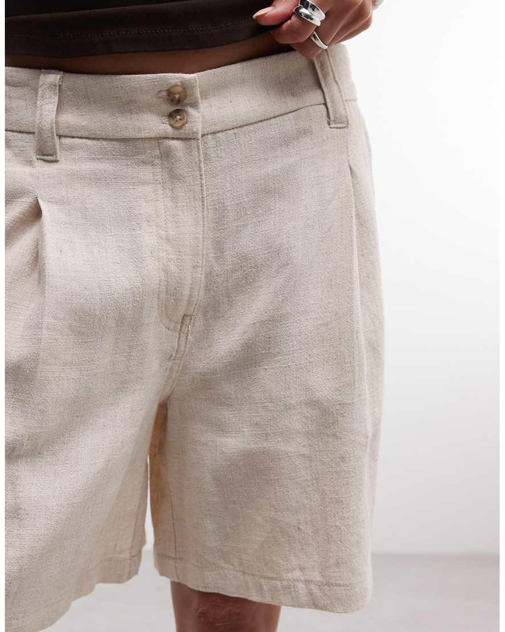ASOS Natural Asos Design Petite Relaxed Dad Shorts With Linen