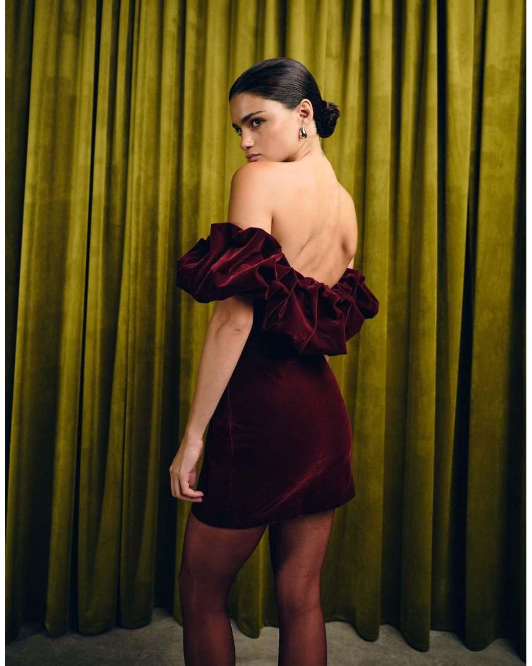 The Frolic Green Exclusive Velvet Ruched Bardot Mini Dress