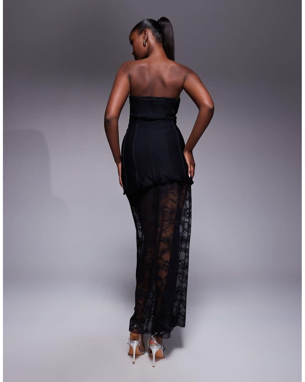 Kaiia Blue Exclusive Structured Bandeau Contrast Skirt Sheer Hem Maxi Dress