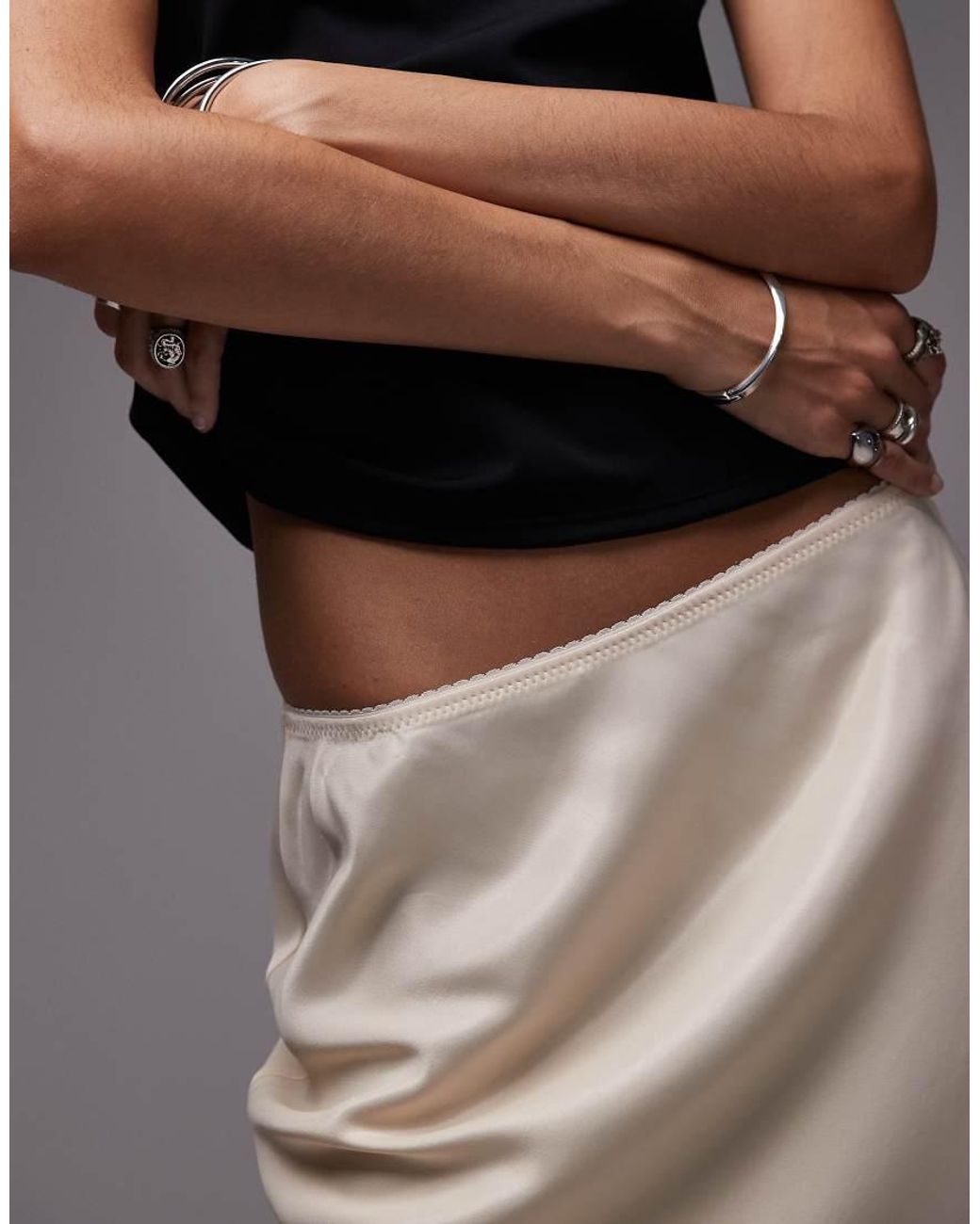 ASOS Gray Satin Lace Trim Bias Midi Skirt