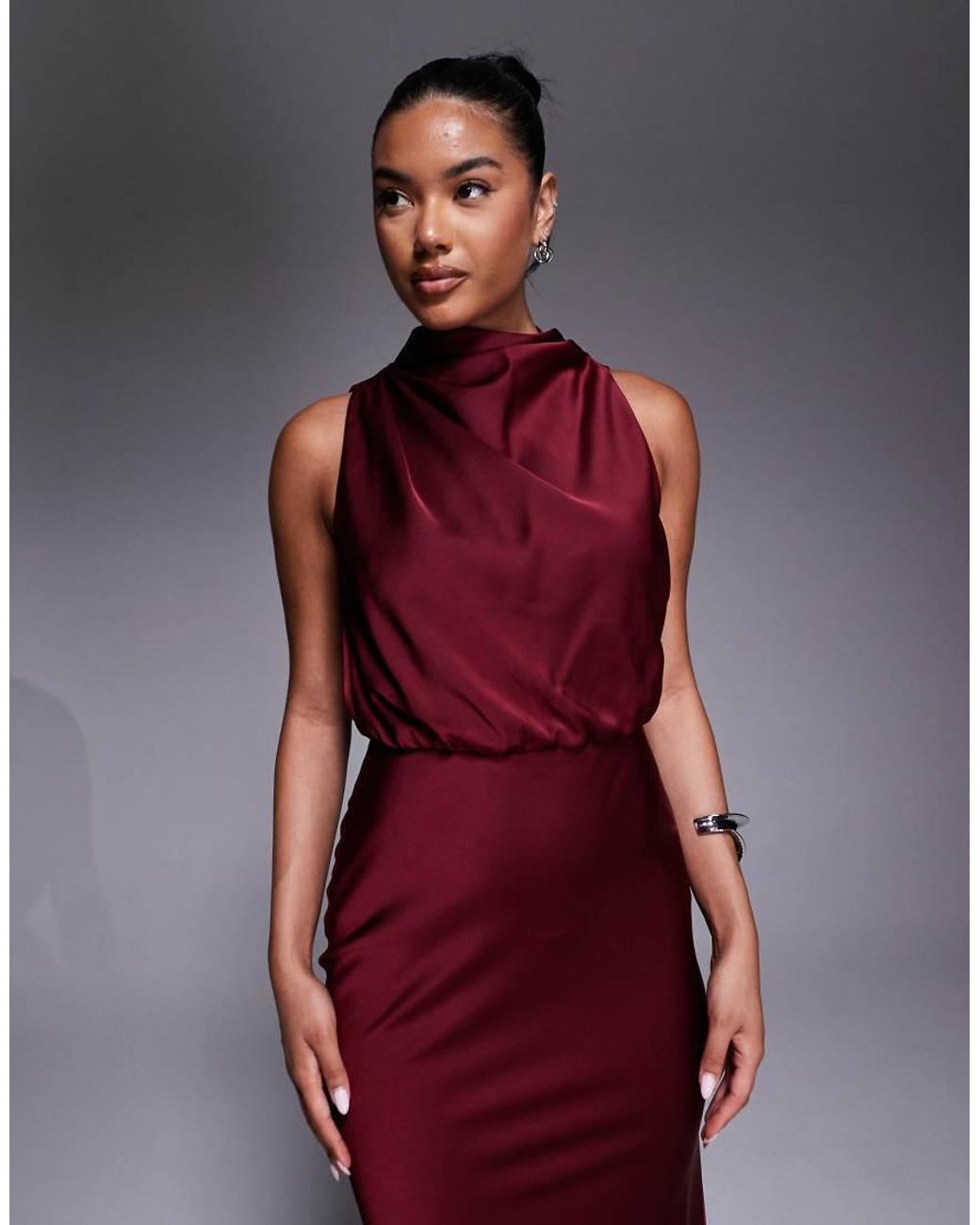 Jarlo Red High Neck Satin Maxi Dress