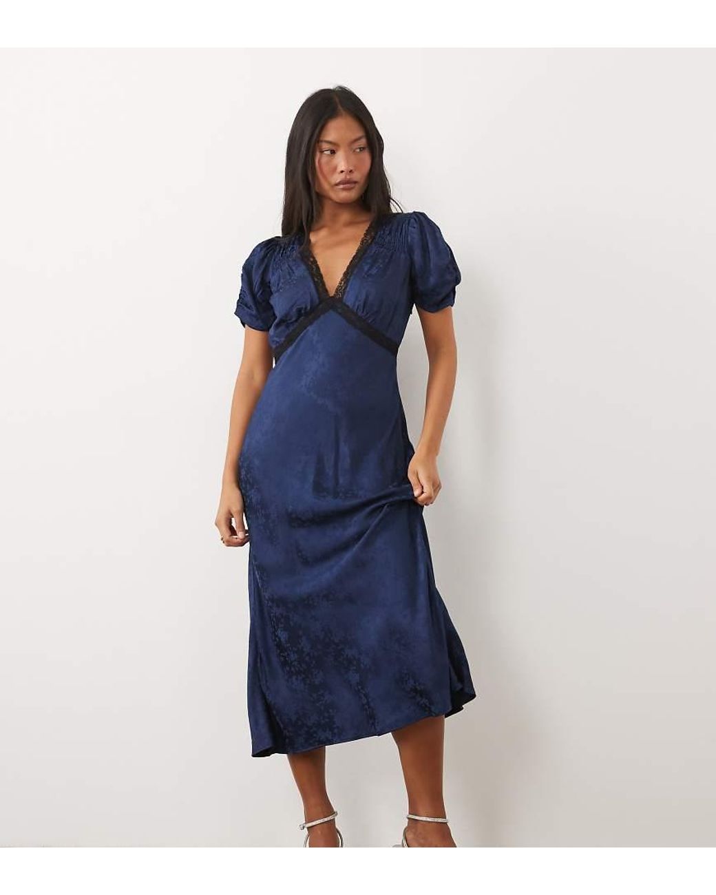Nobody's Child Petite Blue Nicolette Satin Jacquard Lace-detail Plunge Neck Cap Sleeve Midi Dress