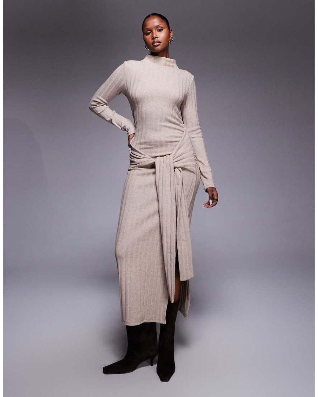 ASOS Natural Ribbed High Neck Tie Front Midi Dress