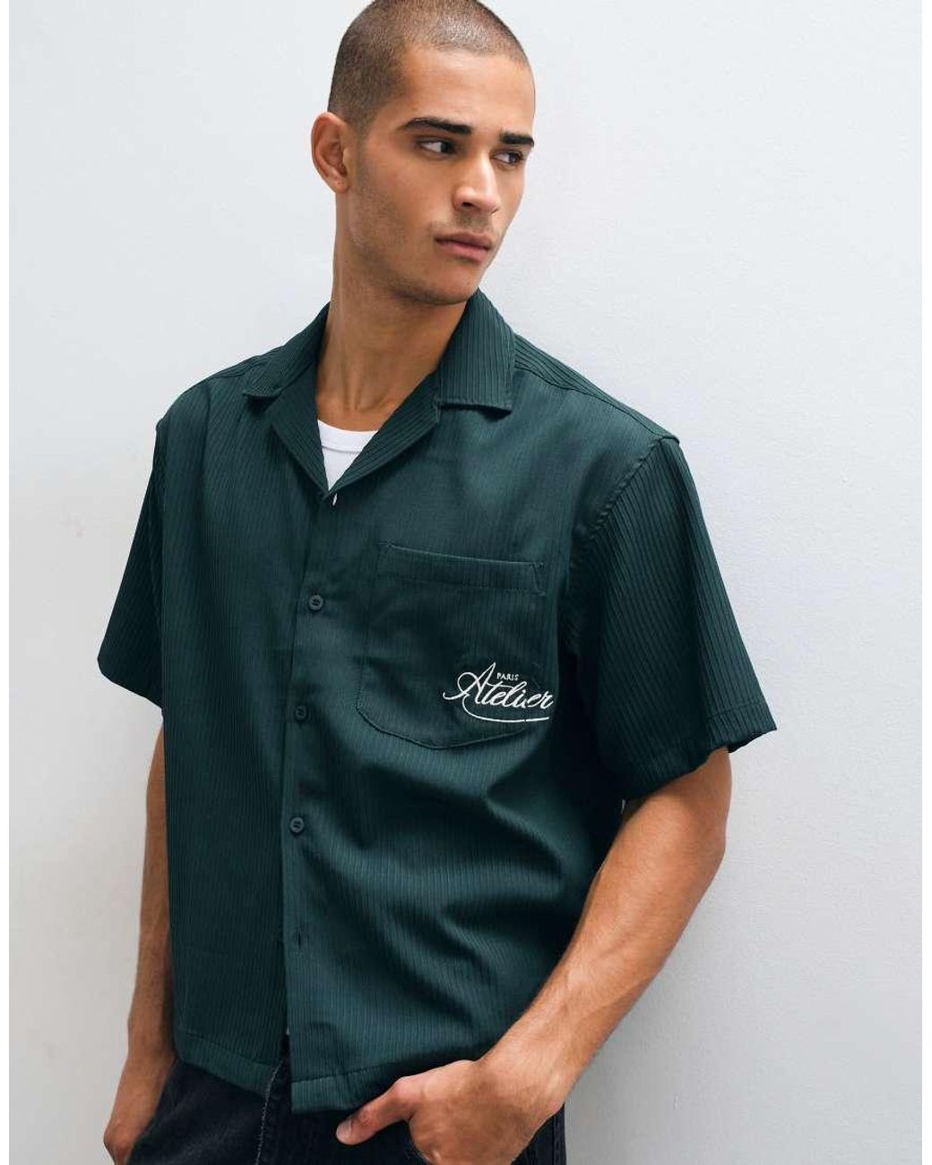 ASOS Blue Boxy Oversized Revere Ribbed Shirt With Pocket Embroidery for men