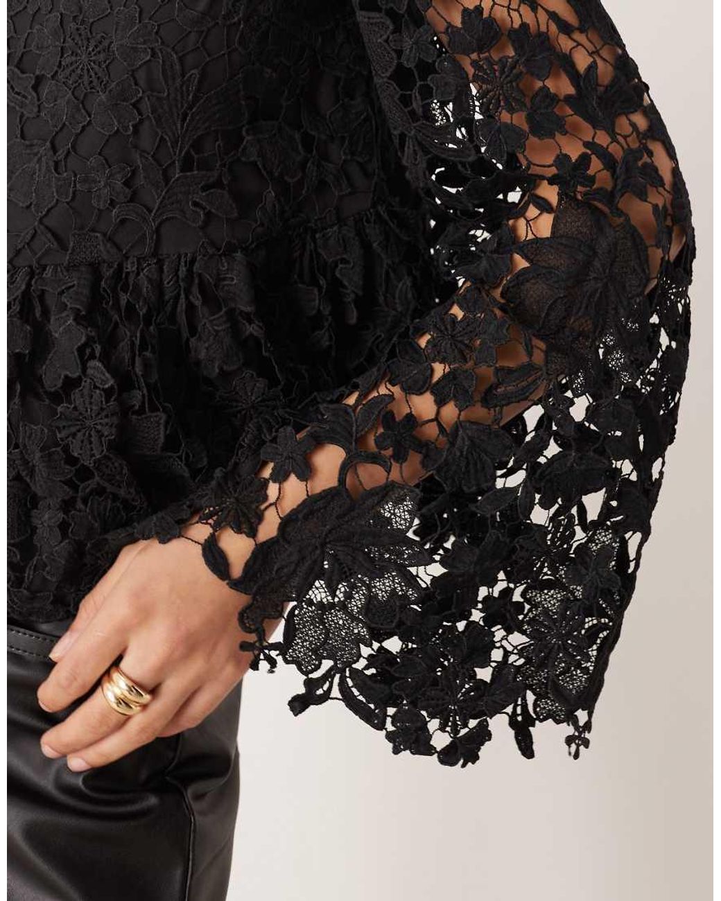 Lovedrobe Black Floral Lace Bell Sleeve Peplum Top