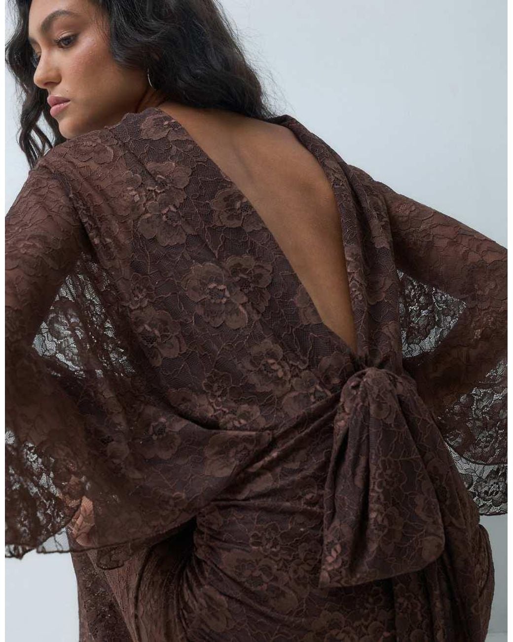 ASOS Brown Lace Flutter Sleeve V Back Maxi Dress