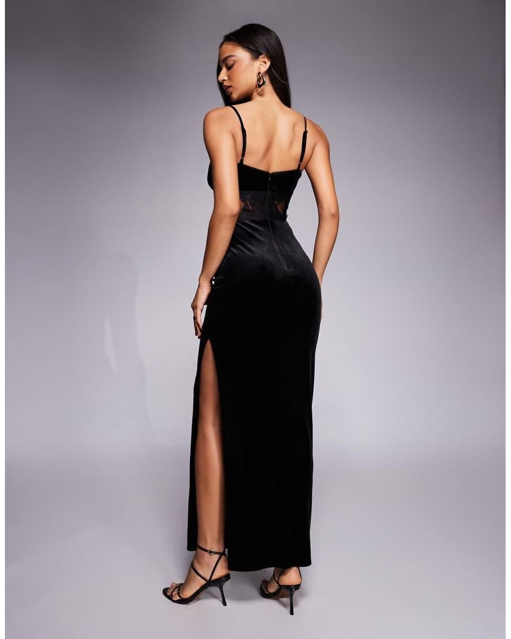 TFNC London Black Plunge Neck Maxi Dress With Lace Insert