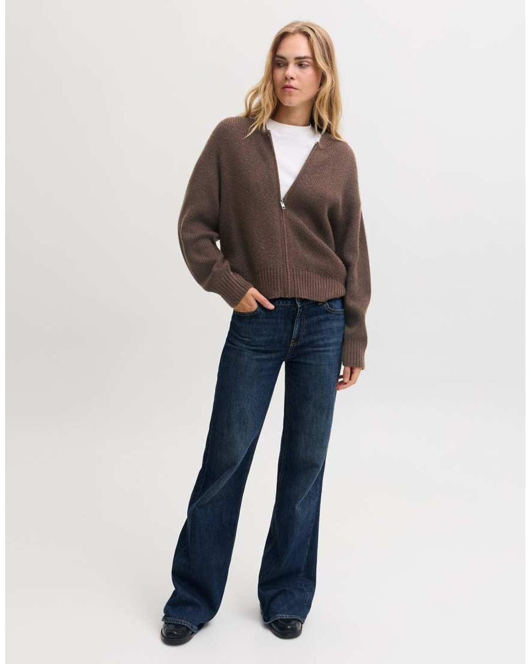 JJXX Brown Maeve Ribbed Wide Fit Crew Neck Knitted Cardigan