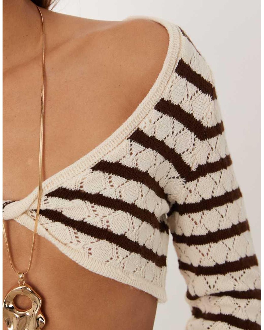Miss Selfridge Brown Crochet Twist Detail Long Sleeve Top