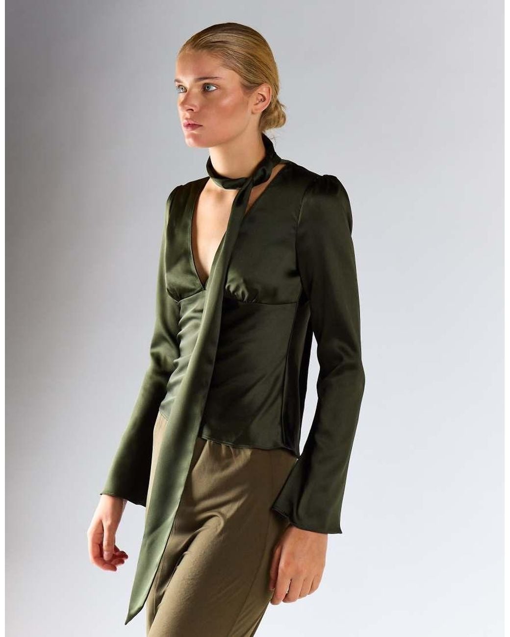 Glamorous Green Tie-Neck Long Sleeve Top
