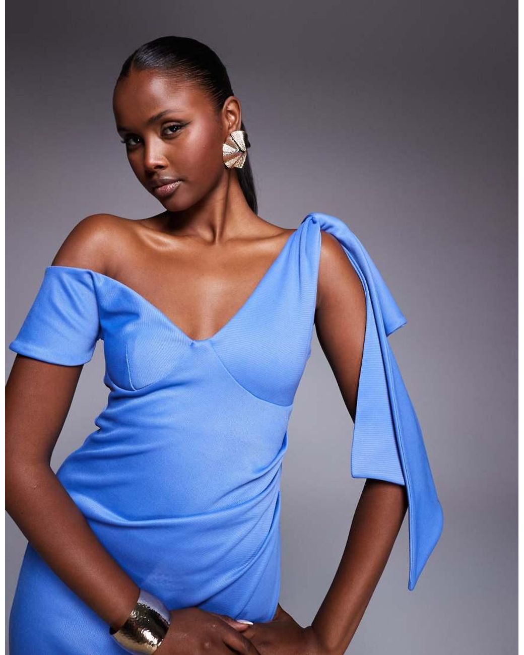 ASOS Fallen Shoulder With Drape Detail Midi Dress in Blue | Lyst UK