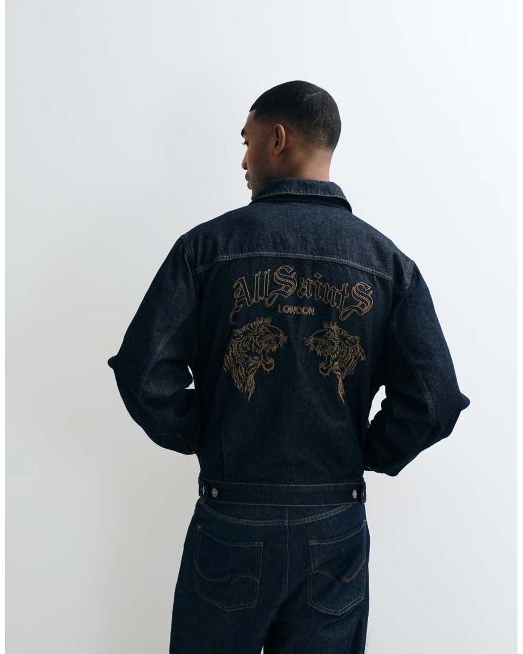 AllSaints Blue Union Tigers Denim Jacket With Back Embroidery for men