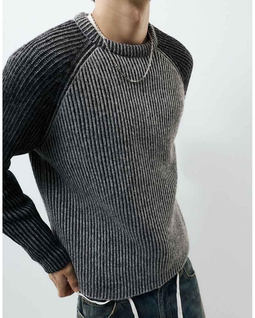 Pull&Bear Gray Ribbed Raglan Sleeve Jumper for men