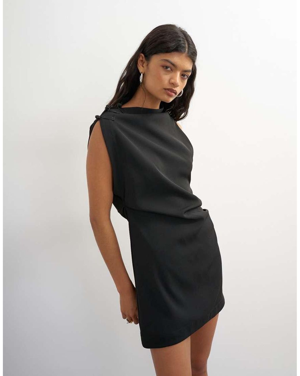 TOPSHOP Black Heavy Crepe Asymmetric Mini Dress With Satin Shoulder Clasps