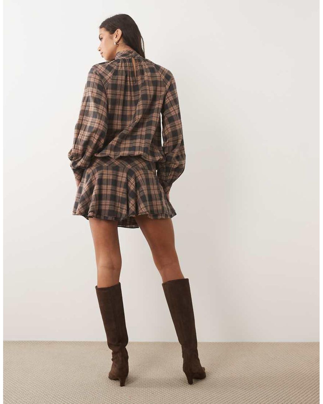 ASOS Brown High Neck Mini Dress With Dropped Waist