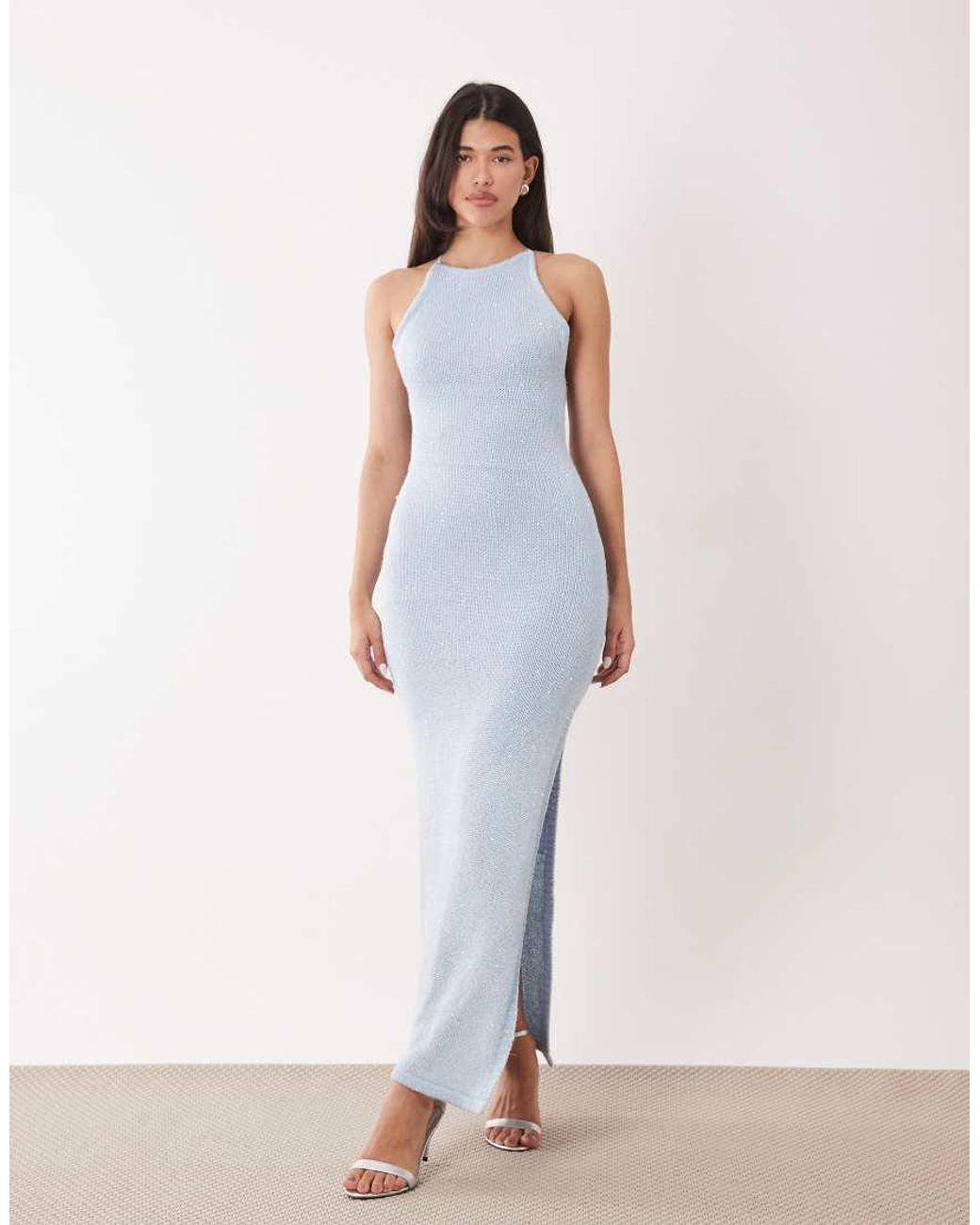Aria Cove White Sequin Knit Bodycon Open Strappy Back Maxi Dress
