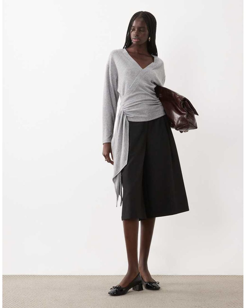 ASOS Gray Long Sleeve Wrap Top With Tie Detail