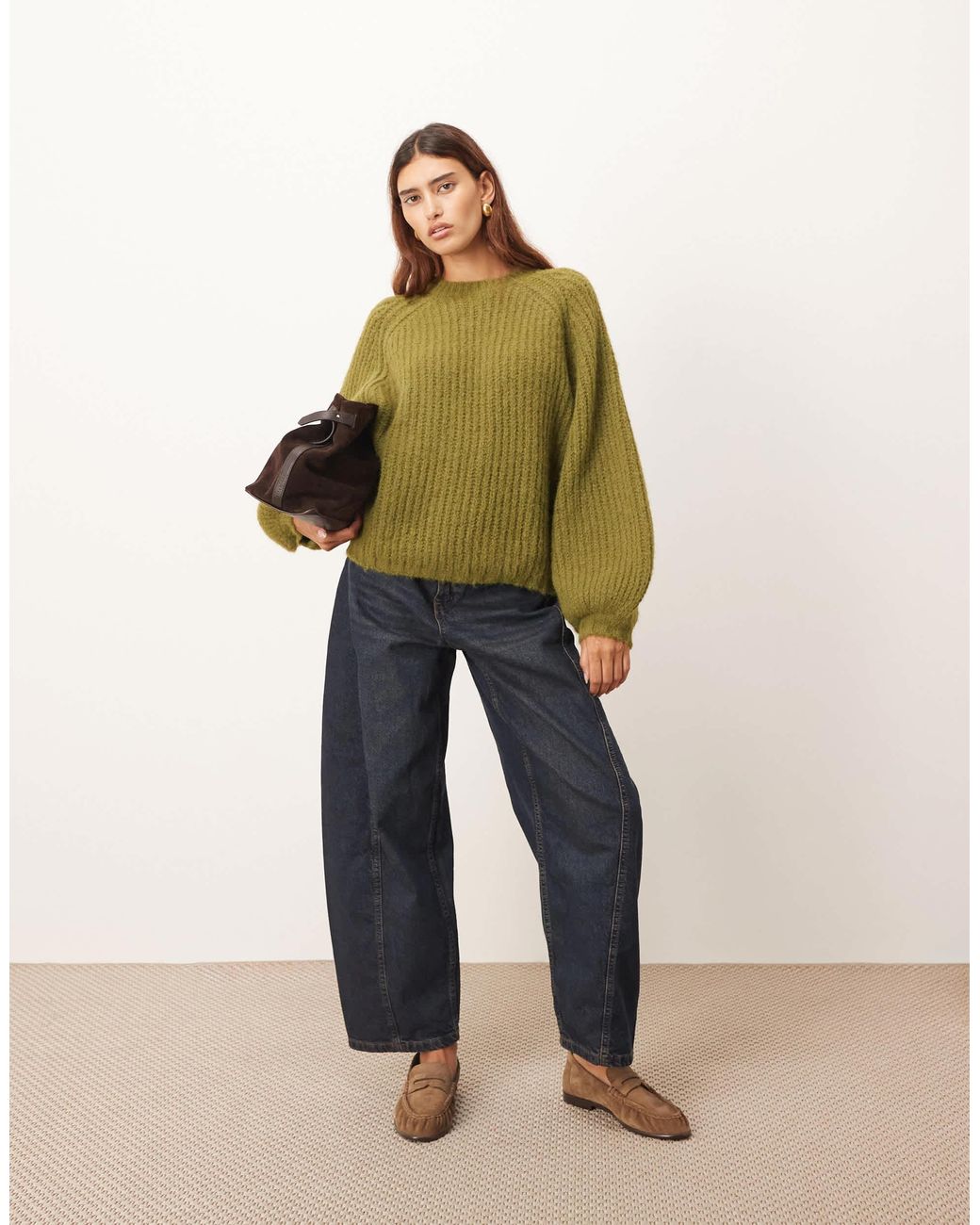 ARRANGE Rib Knit Oversized Jumper With Wool in Green | Lyst