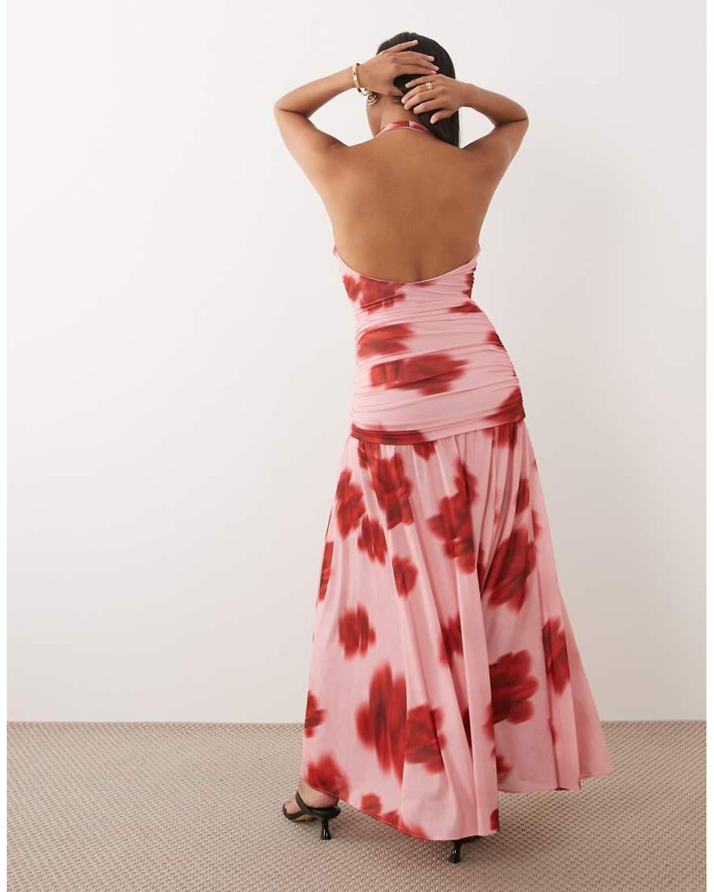 Forever New Red Mesh Halter Neck Ruched Drop Waist Maxi Dress