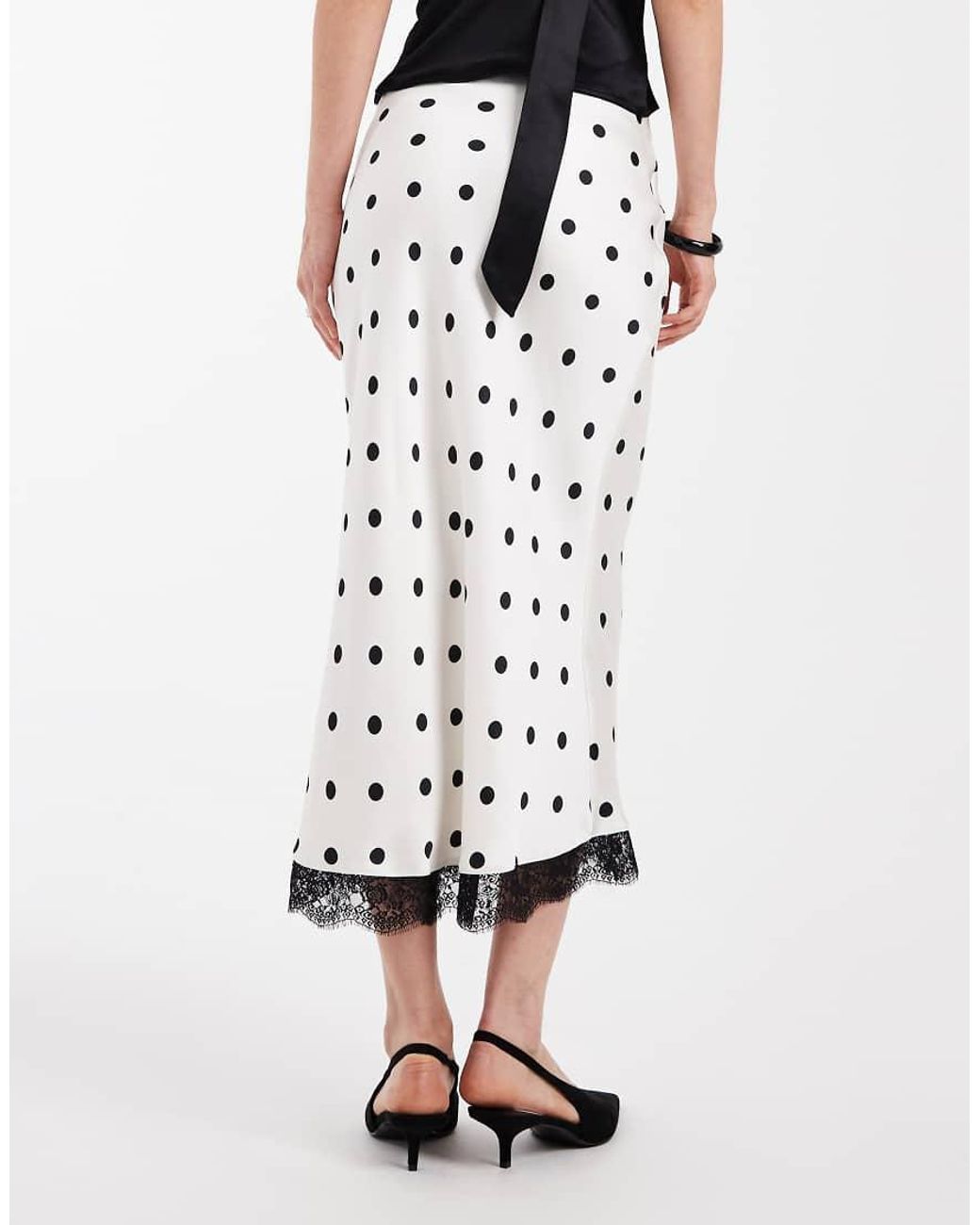 New Look White Polka Dot Lace Trim Satin Midi Skirt