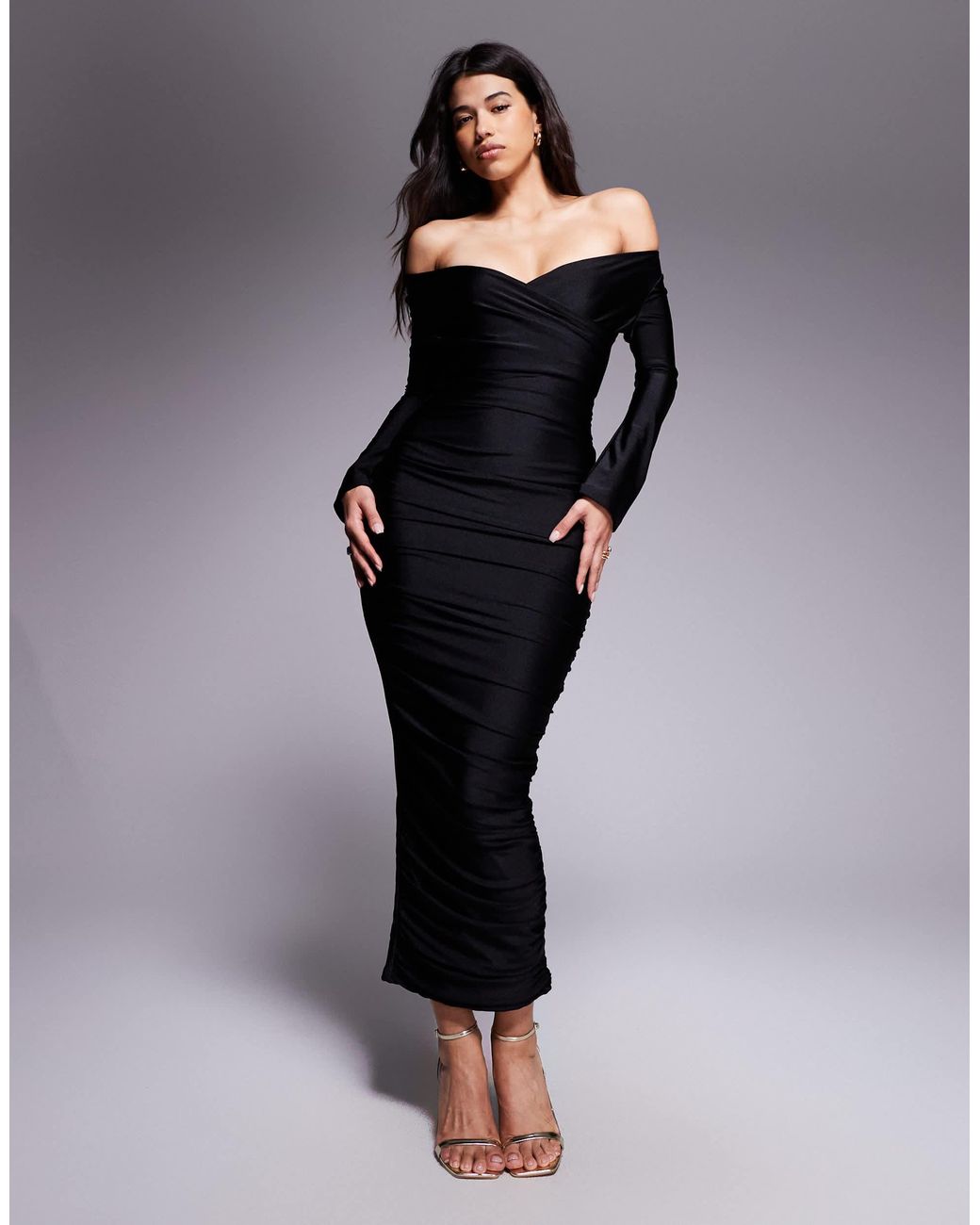 corset dress with off the shoulder sleeves Ladivine Bridal CD803W - Long Stretch Satin Sheath Dress