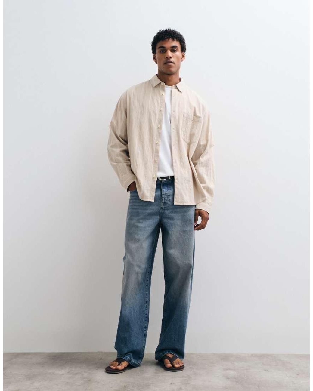 ASOS Natural Oversized Linen Look Stripe Shirt for men