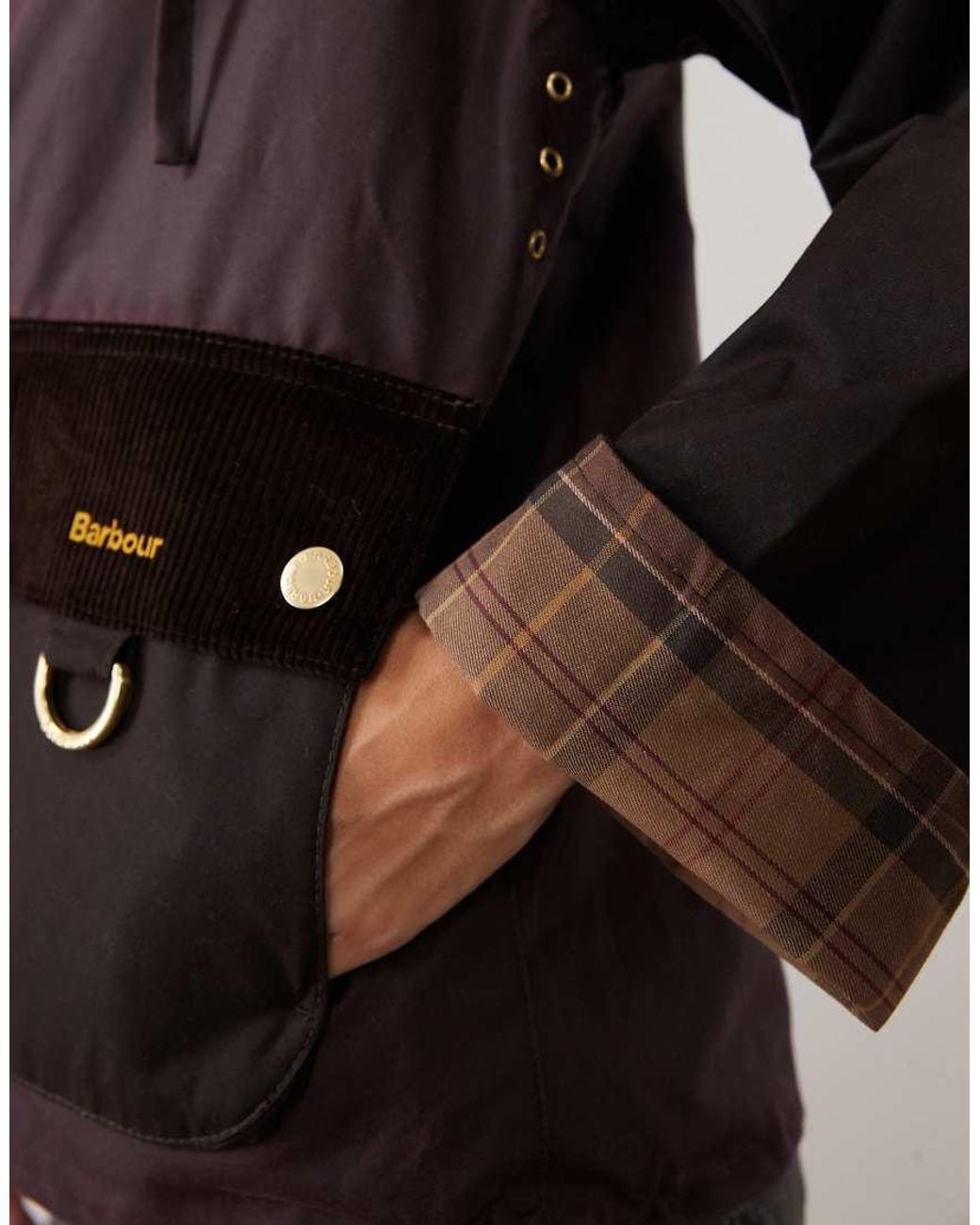 Barbour Brown Carville Tartan Check Hooded Colourblock Wax Jacket