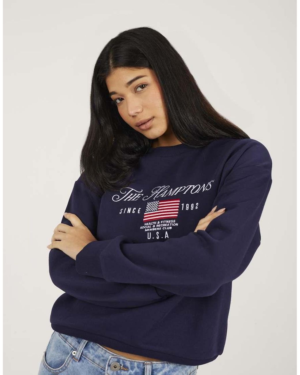 Brave Soul Blue Crew Neck Embroidered Sweatshirt