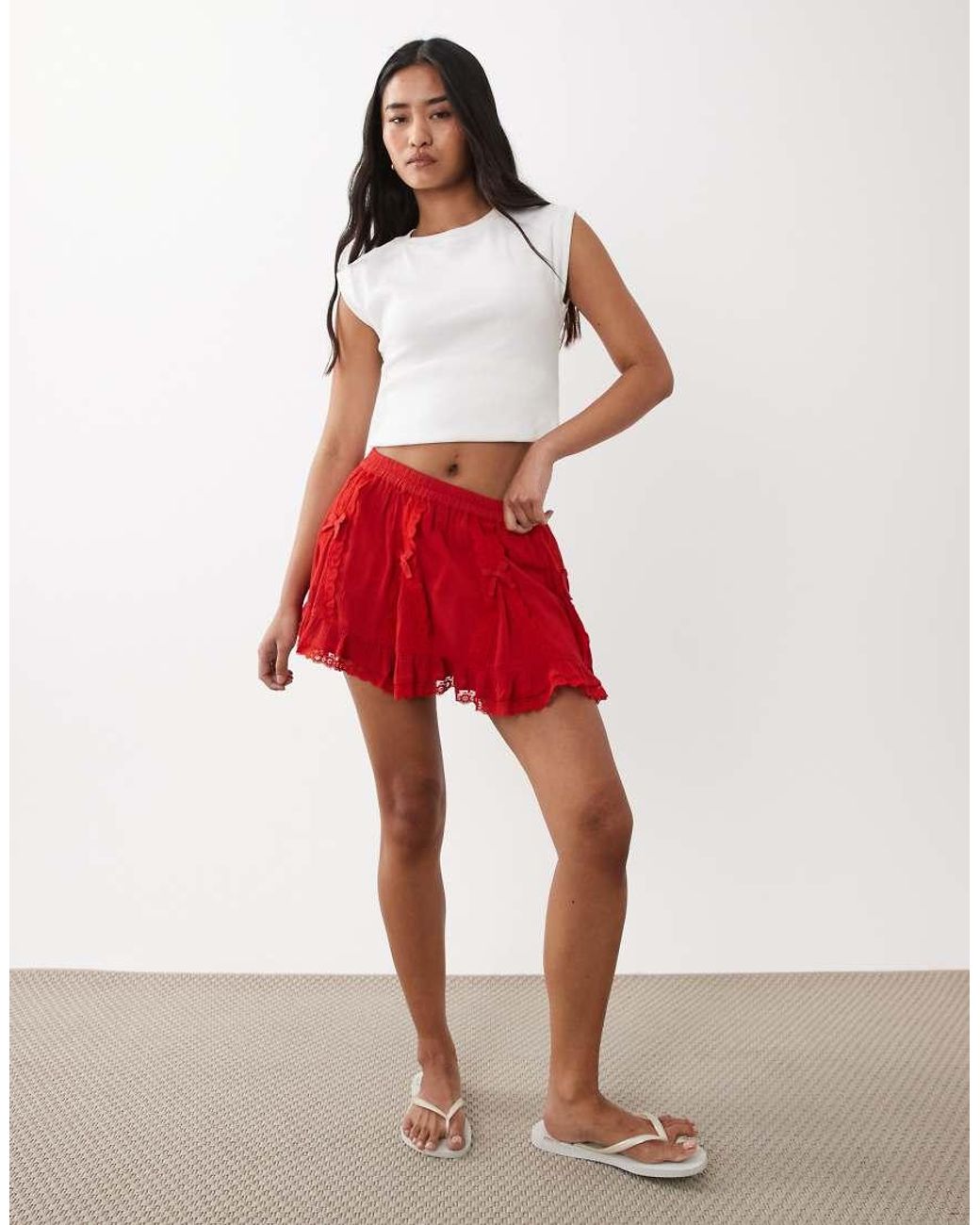 Miss Selfridge Red Cheesecloth Mini Skirt With Bows