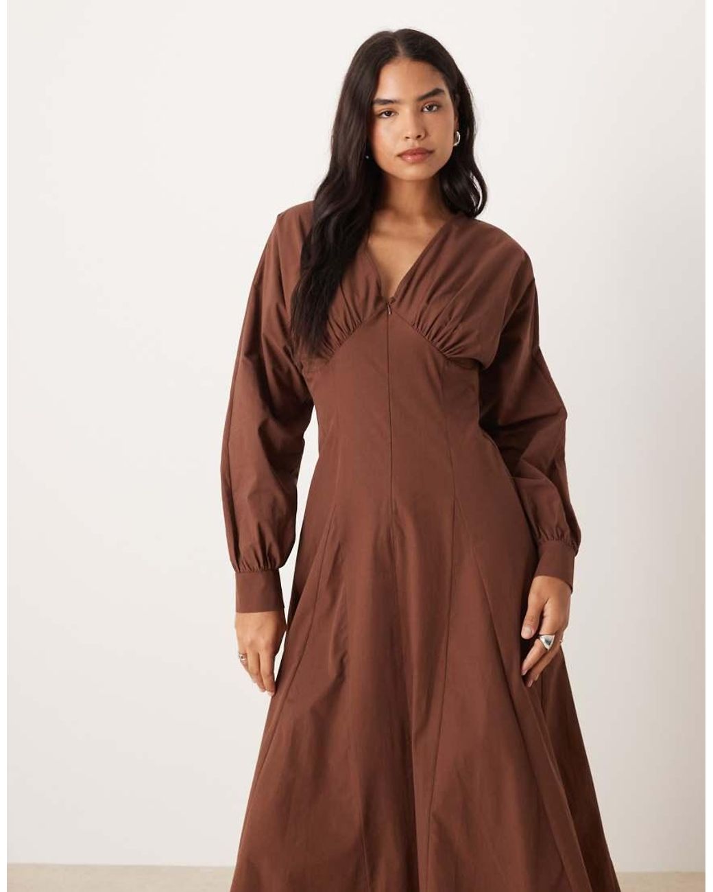 ASOS Brown Long Sleeve V Neck Poplin Maxi Dress