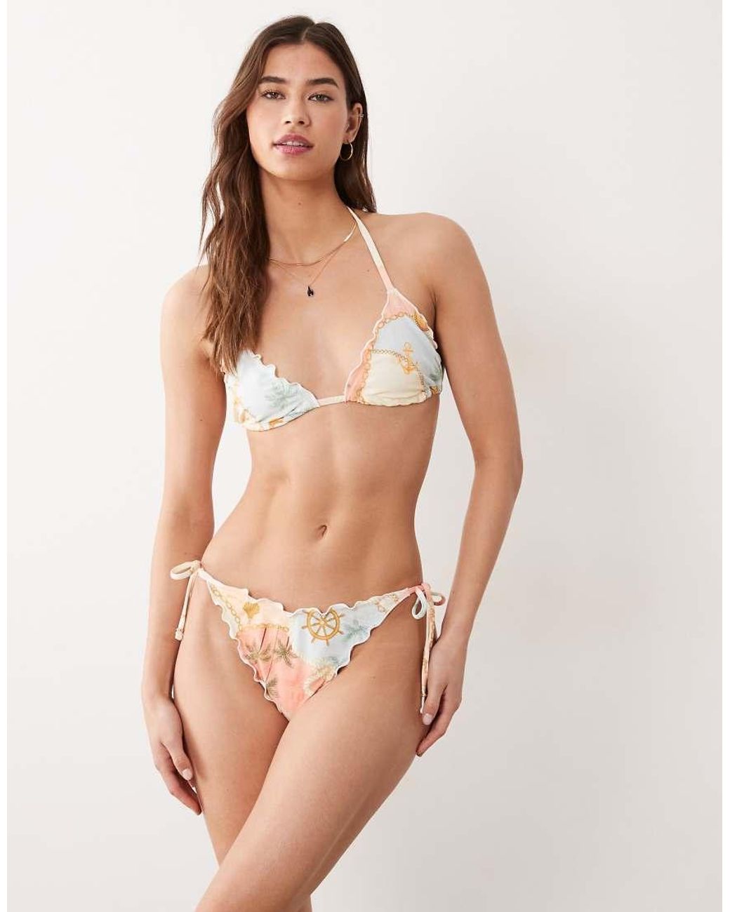 Miss Selfridge Natural Ruffle Tie Side Bikini Bottoms