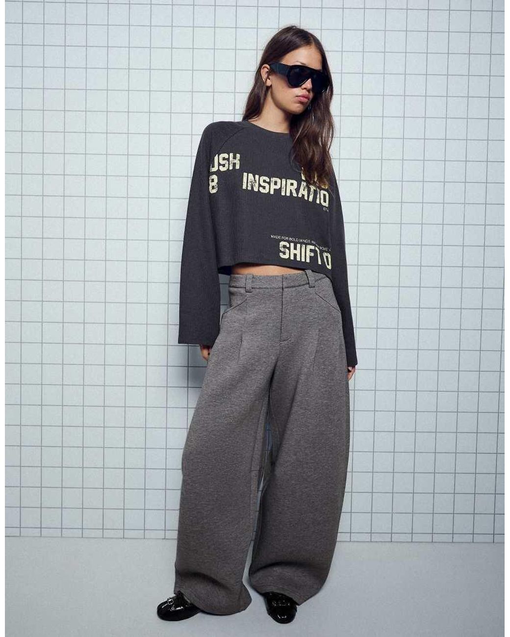 Bershka Gray Round Neck Print Sweatshirt