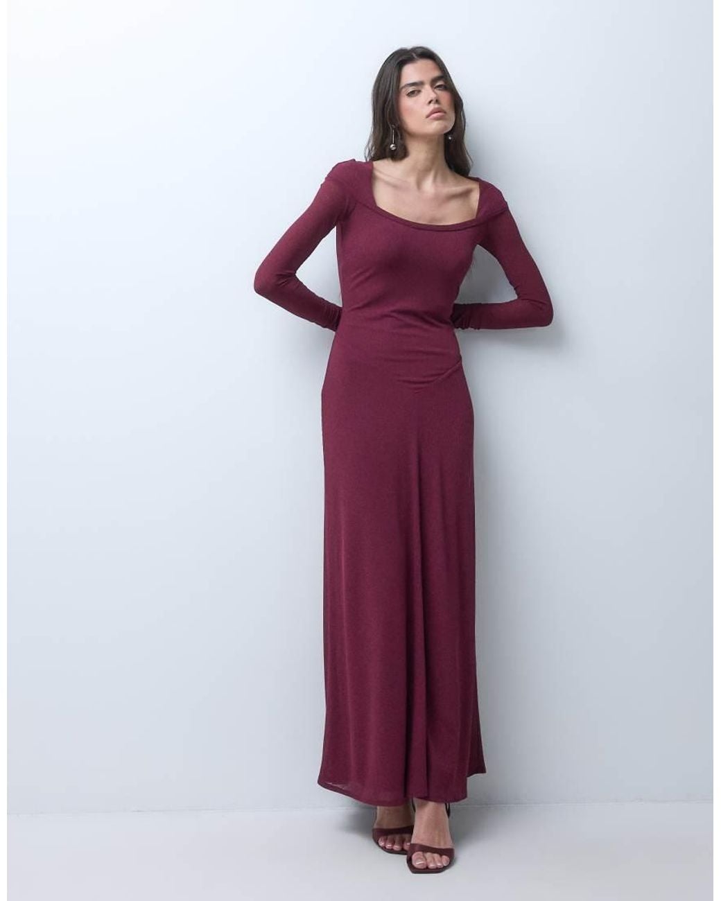 ASOS Purple Long Sleeve Scoop Bardot Maxi Dress With Drop Waist