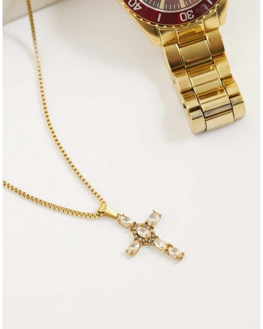 ASOS Metallic Waterproof Stainless Steel Citrine Crystal Stone Cross Pendant Necklace for men